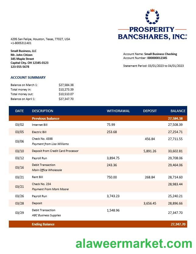 Prosperity Bancshares Inc company checking account statement Word and PDF template